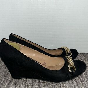 Dexflex Comfort Women’s Size 8.5 Wedge Heels Black Gold Chain Detail Shoes‎